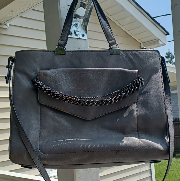 AUTH MILLY GUNMETAL GRAY CHAINLINKED XL LEATHER SATCHEL HANDBAG W/ LONG STRAP! - Picture 5 of 16